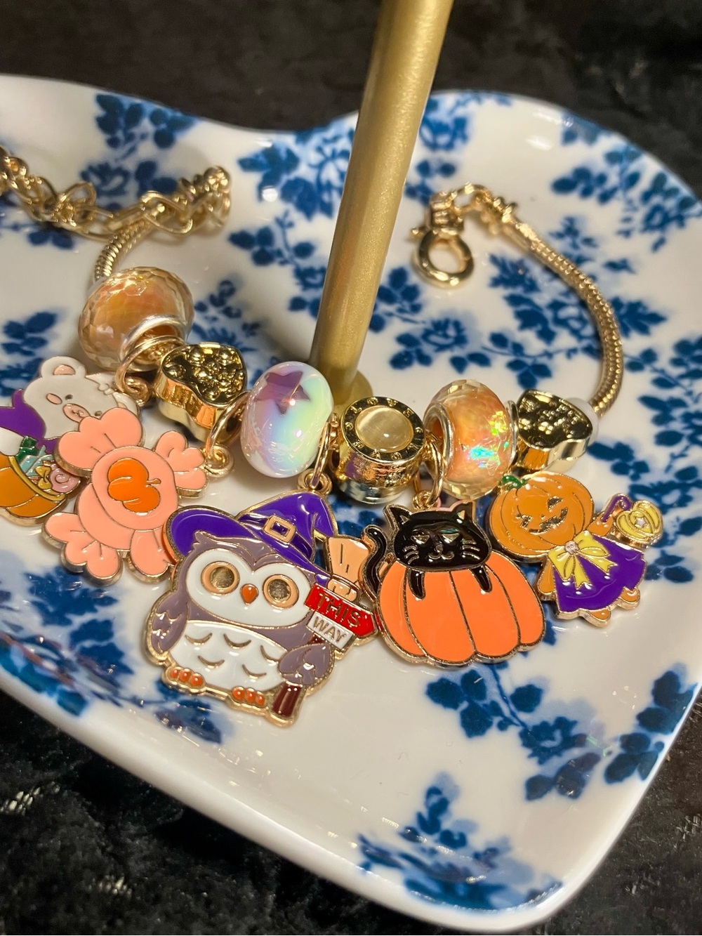 Halloween Charm Bracelet with Orange and Purple Enamel Charms